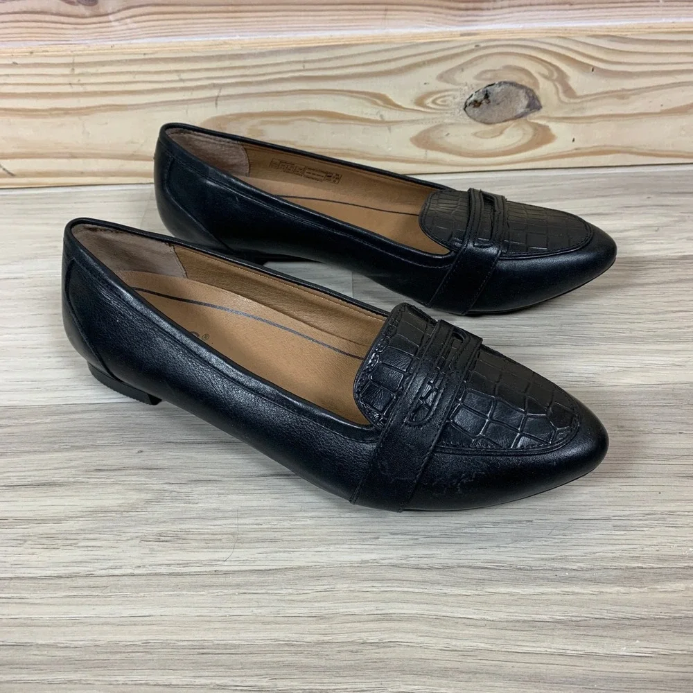 Vionic Savannah Flats Women 7.5‎ Black Pointed Toe Croc Embossed Leather Loafers